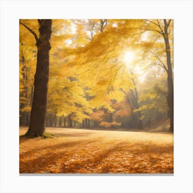 Falling Oak Leaves On The Scenic Autumn Forest Illuminated By Morning Sun Canvas Print