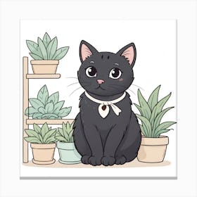 Black Cat With Potted Plants Canvas Print