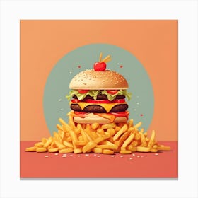 Burger Fries Cheese Melting Fresh Basil Tomato Olives Sandwich French Fries Fast Food Canvas Print