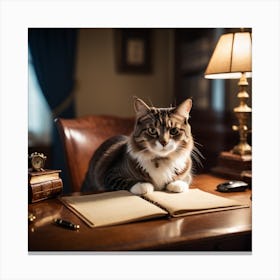 Cat Sitting At Desk Canvas Print