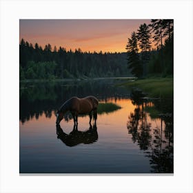 Horse Drinking Water At Sunset 1 Canvas Print