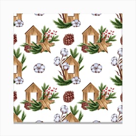 Seamless Pattern from Christmas Wooden Decorations, Cones and Fir Branches Canvas Print