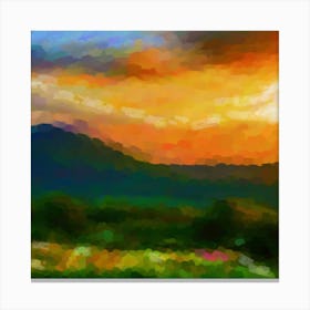 Green hills and orange sunset Canvas Print