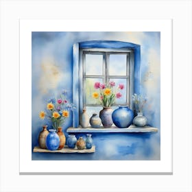 Blue wall. Open window. From inside an old-style room. Silver in the middle. There are several small pottery jars next to the window. There are flowers in the jars Spring oil colors. Wall painting.6 Canvas Print