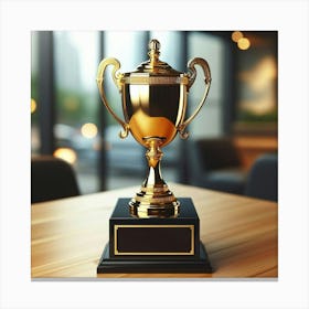 Golden Trophy On A Wooden Table Canvas Print