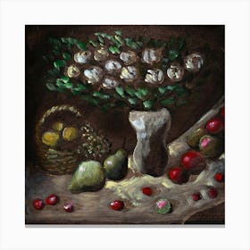 White Roses And Fruits - still life classical figurative old masters Anton Maliar square kitchen art Canvas Print