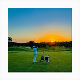 Golf Course At Sunset Golfer In Mid Swing With A Pristine White Driver Caddie Standing By With Clu (1) Leinwandbild