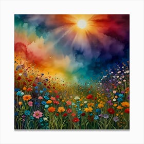 Radiant Bloomscape: Sunset In The Meadow Canvas Print