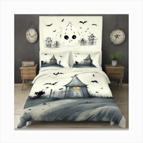 Haunted House Cute Bedsheet Ghosts, Countryside Vintage Style, Halloween Spooky Art Print Canvas Print