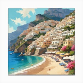 Positano, Amalfi Coast, Italy - Retro Landscape Beach and Coastal Theme Travel Poster Art Print 3 Canvas Print