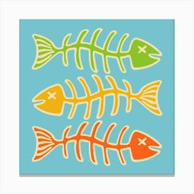 FISH BONES Pop Art Seafood in Vintage Retro Green Yellow Orange on Blue Kitchen Food Canvas Print