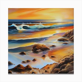 Artwork, oil colors, sea and sunset, seashore, beach rocks.San Francisco, USA.3 Canvas Print