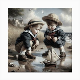 Two Boys Playing With A Boat Canvas Print