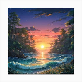 Tranquil Sunset Over a Serene Forest Beach With Glittering Waters 1 Canvas Print