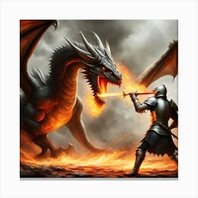 Knight And Dragon Fighting Canvas Print