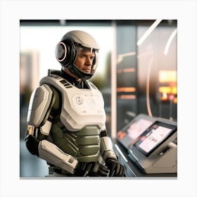 The Image Depicts A Stronger Futuristic Suit For Military With A Digital Music Streaming Display 6 Canvas Print