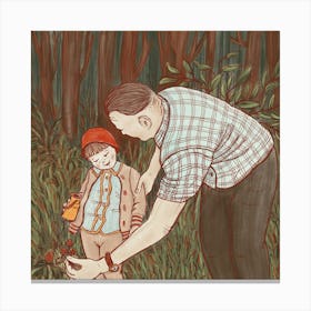 Grandfather And Granddaughter picking strawberries Canvas Print