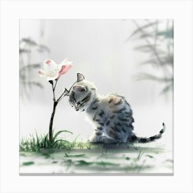 Little Kitten Looking At A Flower Canvas Print