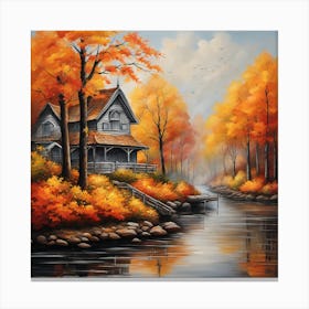 Autumn House By The River Canvas Print