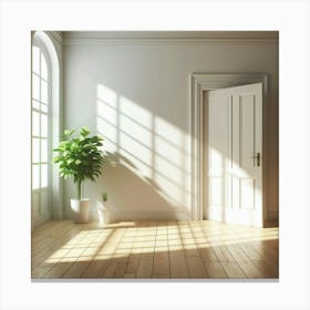 An Empty, Sunlit Room with Hardwood Floors, a Potted Plant, and a Closed White Door Canvas Print