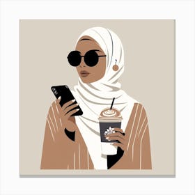 Latte Lady: A Minimalist and Elegant Illustration of a Woman with a Hijab and Sunglasses Canvas Print