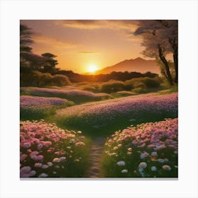 Sunset In A Flower Field Canvas Print