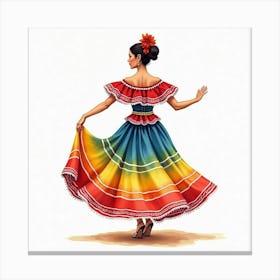 Watercolor Portrait Of A Spanish Dancer With Vibrant Traditional Attire Canvas Print