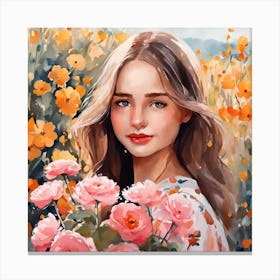 Cute Floral Girl Painting Marimekko Style (2) Canvas Print