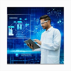 Abstract Cyber Industrial Icon Featuring A Futuristic Manager Interfacing With An Ai System Engagin (2) Canvas Print