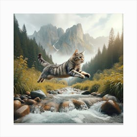 Cat jumping over water stream Canvas Print