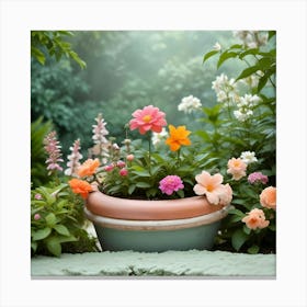 Colorful Flowers In A Potted Garden Setting Canvas Print