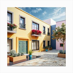 A charming Mediterranean-style courtyard with a yellow building and green doors. Canvas Print