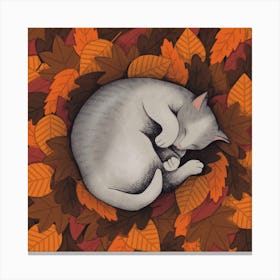 Sleeping Cat In Autumn Leaves Canvas Print