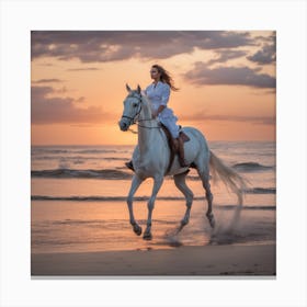 A Beautiful Girl Riding A White Horse In Front Of Canvas Print