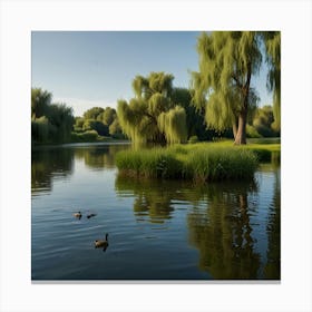 A Serene Riverbank With Willow Trees And Ducks Swimming In The Water 2 Canvas Print