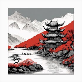 Chinese Landscape Mountains Ink Painting (1) 3 Canvas Print