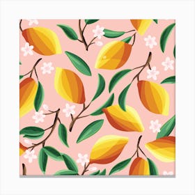 Sunny Lemon Pattern With Florals On Pink Square Canvas Print
