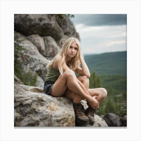 Beautiful Young Woman Sitting On A Rock Canvas Print