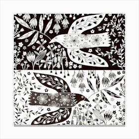 Peace Doves And Flowers Black and White Canvas Print