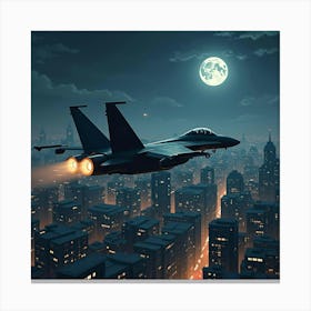 Fighter Jet Patrolling A Futuristic, War Torn City In The Night 1 Canvas Print