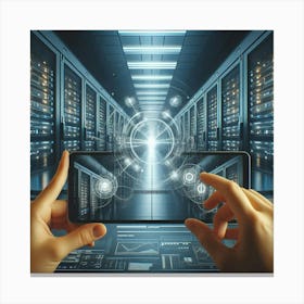 Hands Holding A Smartphone In A Data Center Canvas Print