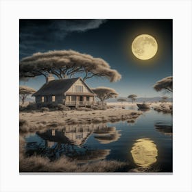 African Serenity Matte Painting of a Cottage in the Savannah Canvas Print