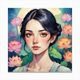 Asian Girl With Lotus Flowers 2 Canvas Print