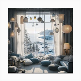 Swedish Living Room with winter sea view panoramic window and lots of lamps Canvas Print