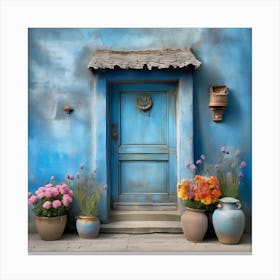 Blue wall. An old-style door in the middle, silver in color. There is a large pottery jar next to the door. There are flowers in the jar Spring oil colors. Wall painting.10 Canvas Print