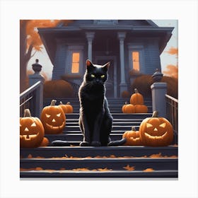 Black Cat With Pumpkins Canvas Print