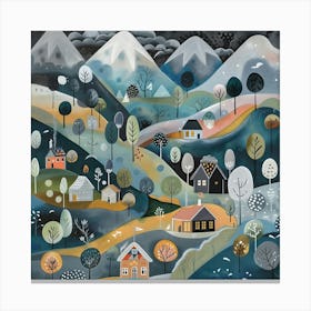 Winter Village and Mountains, Naïve Folk Canvas Print