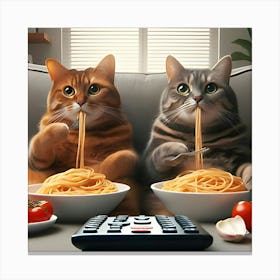 Two Cats Are Sitting On A Couch, Eating Spaghetti And Watching Tv4 Canvas Print