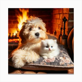 Dog And Cat In Front Of Fireplace Canvas Print