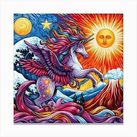 A Unicorn With Colorful Streaks Of Ribbon With Purple Feathers Sun And Moon And Star In A Volcano Of Red Van Gogh Style 3 Canvas Print